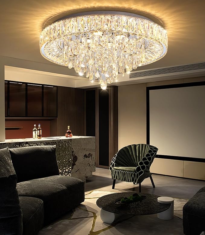 23.6'' Modern Crystal Chandeliers LED Dimmable Flush Mount Ceiling Chandeliers for Living Room Entrance Foyer Bedroom Silver-CasaMuseHome