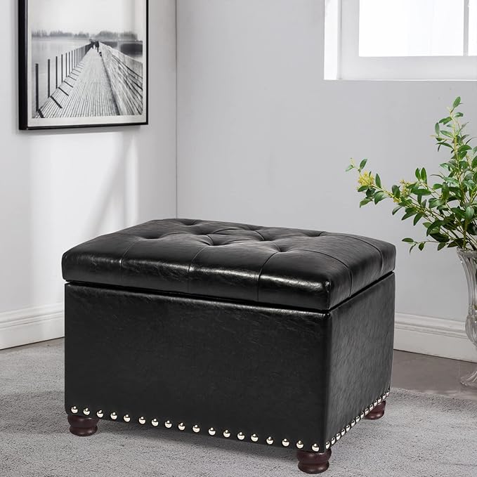 24'' Leather Storage Ottoman Rectangular Foot Rest Stool with Nailhead Trim Toy Chests & Storage Room Organizer for Bedroom Living Room(Black)-CasaMuseHome