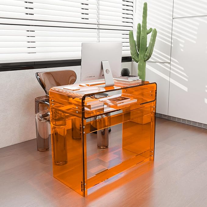 Acrylic Desk, Orange Table, Acrylic Console Table for Office, Study, Bedroom, Entrance Decor (15.5" D x 33.5" W x 29.3" H, Orange)-CasaMuseHome