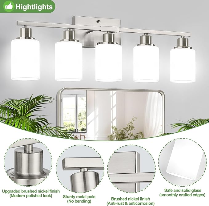 5-Light Brushed Nickel Bathroom Vanity Light with Milky White Frosted Glass Shades, Modern Bathroom Light Fixtures, Up/Down Reversible Lighting for Mirror, Bedroom, Kitchen, Living Room, Hallway-CasaMuseHome
