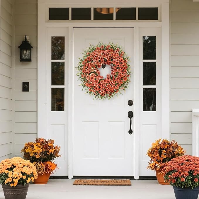 26" Fall Wreath for Front Door, Porch, Window - Large Artificial Boxwood Leaves with Fake Daisy Flowers Outdoor Wreath Faux Eucalyptus for Home Farmhouse Harvest Festival Thanksgiving Day Autumn Decor-CasaMuseHome