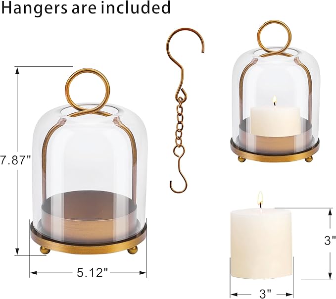 5"x7.5" Versatile Modern Metal Hurricane Lantern with Handmade Sturdy Glass Dome for 3" Pillar Candle & Plants (Brass, 5"x7.5" for 3" Pillar)-CasaMuseHome