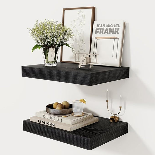 12 Inch Deep Black Floating Shelves, 16 x 12 Floating Shelf for Books, Rustic Wood Deep Wall Shelves for Home Storage & Display, 2" Thicked Shelves for Kitchen, Living Room, Bedroom, 2 Pack-CasaMuseHome