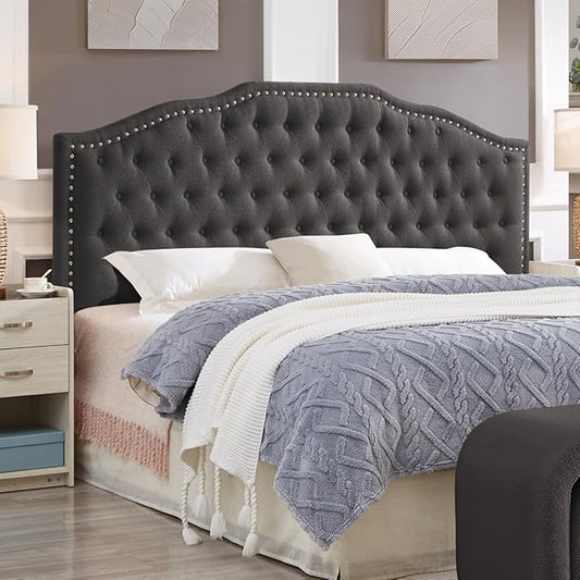 24KF Upholstered Button Tufted King Size Headboard with Nailhead Trim, Elegant Boucle Fabric California King headboard, 6031-K-Boucle-Dark Gray-CasaMuseHome