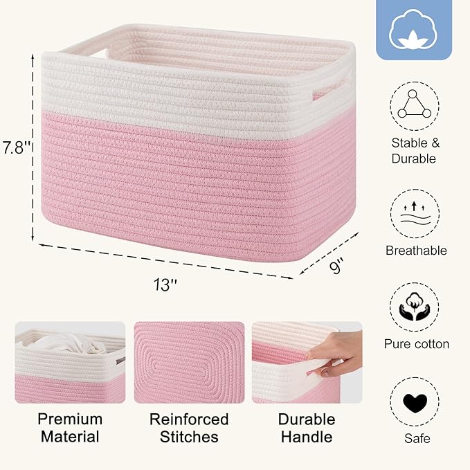 4 Pack Storage Baskets for Organizing, Woven Baskets for Shelves - Perfect for Toys, Books, Towels, and Clothes, Durable Gift Basket Bins Toy Storage, 12.7''Lx9''Wx7.8''H, Pink & White-CasaMuseHome