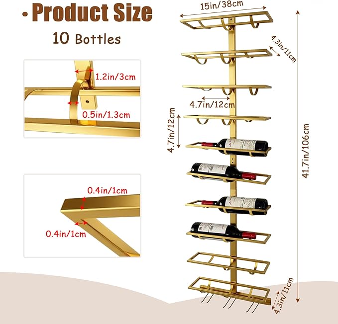 20 Bottle Wall Mount Wine Rack with Wine Glass Holder, Metal Wine Wall Rack, Wall Racks for Wine Bottles Display and Storage, Hanging Bottle Organizer for Living Dining Room Wine Cellar Bar (Gold)-CasaMuseHome