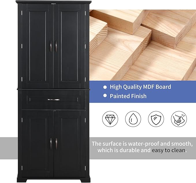 72.2" Tall Storage Cabinet with 4 Doors and Drawer, Freestanding Linen Cabinet, Wooden Pantry with Adjustable Shelf for Kitchen, Bathroom, Living Room Black-CasaMuseHome