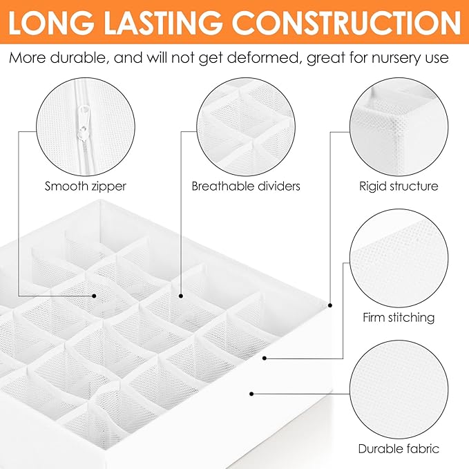 6 Pack Sock Underwear Drawer Organizer Dividers, 58 Cell Foldable Fabric Dresser Closet Organizers and Storage Bins for Clothing, Baby Clothes, Bra, Panty, Scarf, Ties (White)-CasaMuseHome