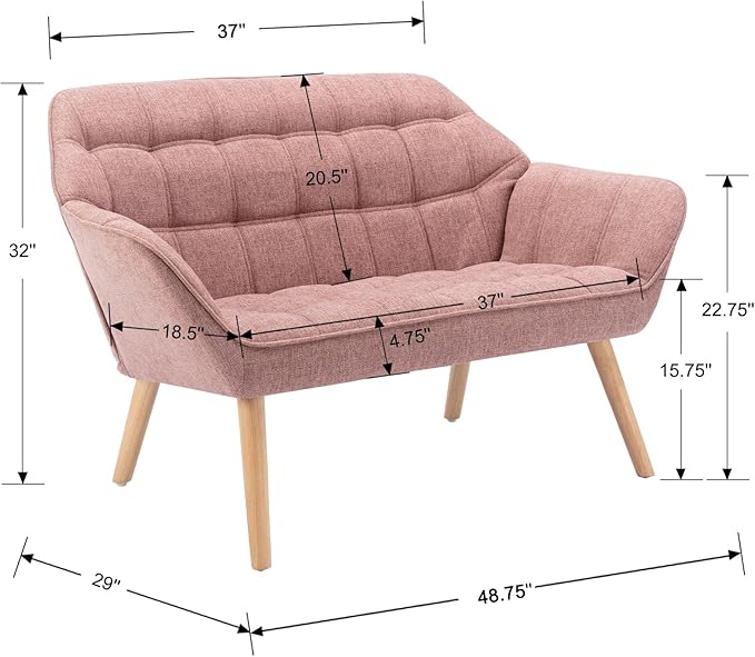 48”Small Loveseat Sofa, Modern Linen Upholstered Mini Couch 2-Seater Fluffy Love Seat with Quilting Backs and Wood Legs for Small Space Living Room, Bedroom, Pink-CasaMuseHome
