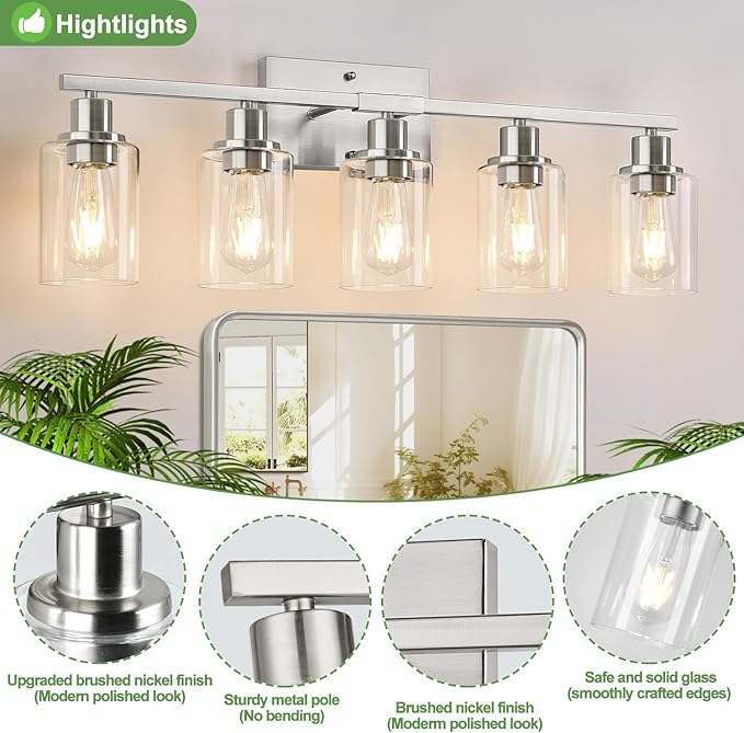 5-Light Bathroom Light Fixtures, Brushed Nickel Bathroom Vanity Light with Clear Glass Shades, Modern Bathroom Wall Lamp for Mirror Living Room Cabinet Bedroom Porch-CasaMuseHome