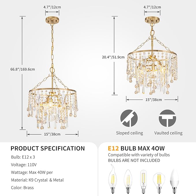 3-Lights K9 Crystal Chandeliers, Luxury Vintage Pendant Light Fixture for Dining Room, Living Room, D15*H20.4~66.8 inch (Adjustable), Clear Crystal & Gold Finish-CasaMuseHome