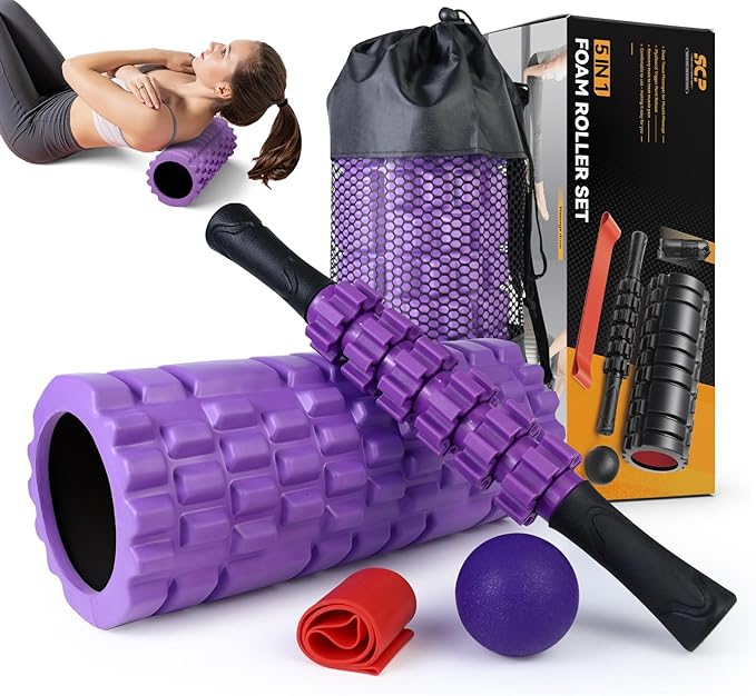 5 in 1 Foam Roller Set for Deep Tissue Muscle Massage, High Density Trigger Point Fitness Patented Exercise Foam Roller, Massage Roller, Massage Ball, Resistance Band, for Whole Body(Purple)-CasaMuseHome
