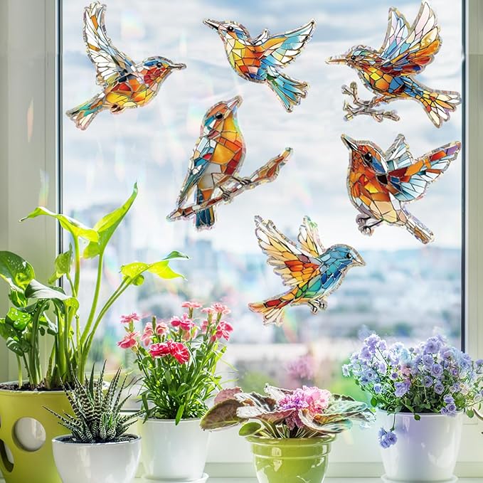 12pcs Window Decals for Bird Strikes, Anti Collision Window Clings, Rainbow Reflection Window Sticker, Hummingbird Style Sun Catcher Stickers for Glass Windows-CasaMuseHome