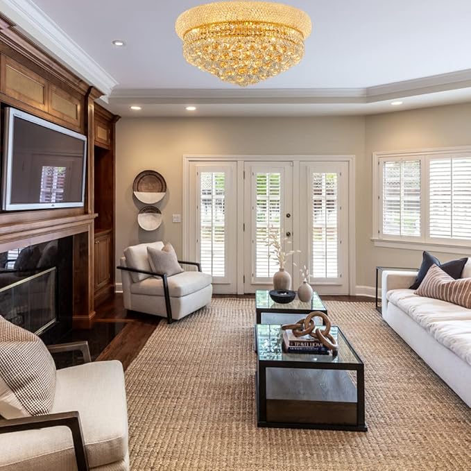 9-Light Crystal Flush Mount Chandelier Ceiling Light Fixture for Living Room Dining Room Bedroom Foyer Entryway Hallway Closet Bathroom (Gold D22)-CasaMuseHome