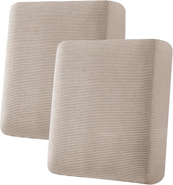 H.VERSAILTEX Super Stretch Individual Seat Cushion Covers Sofa Covers Couch Cushion Covers Slipcover Sets Thick Jacquard Textured Twill Fabric (2 Piece Medium Sofa Cushion Covers, Sand)-CasaMuseHome