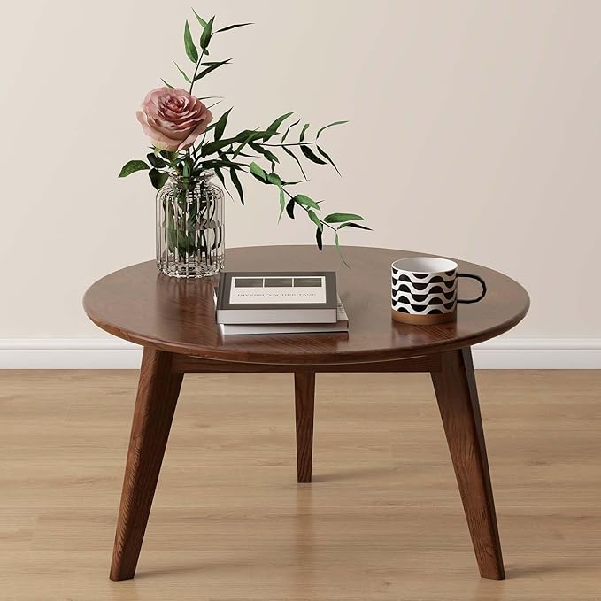 100% Solid Oak Wood Mini Coffee Table, Round Living Room Table Side Table w/Solid Wood Legs, Walnut Mid Century Sturdy Tables for Bedroom Balcony Living Room (23.62" D x 13.78" H)-CasaMuseHome
