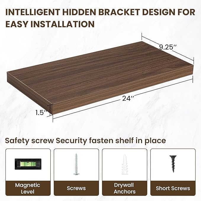 24 Inch Floating Shelves, 12 Inch Deep Floating Shelves for Wall, Floating Shelf with Invisible Brackets, Deep Shelves for Bathroom, Bedroom, Living Room, 2 Pack, Walnut-CasaMuseHome