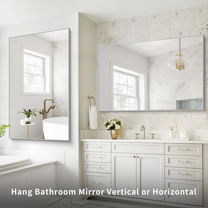 36x55 inch Bathroom Mirror, Silver Rectangle Mirror with Thin Metal Frame, Large Rectangular Wall Mirrors for Bathroom, Living Room, Big Mirror Hang Horizontal/Vertical-CasaMuseHome