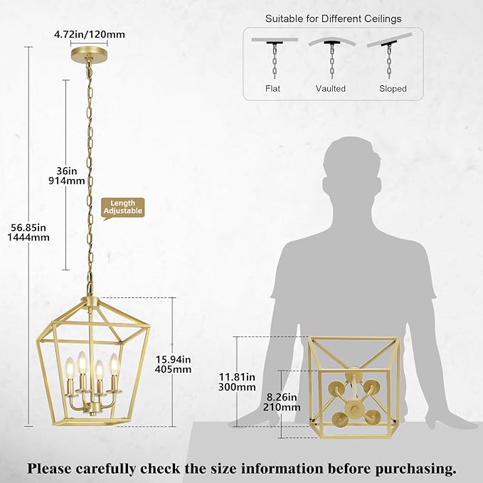 4 Light Gold Chandelier, Industrial Ceiling Light Lantern Light Fixtures with Farmhouse Metal Cage Adjustable Height Rustic Geometric Hanging Light E12 Base for Kitchen Island, Entryway, Indoor-CasaMuseHome