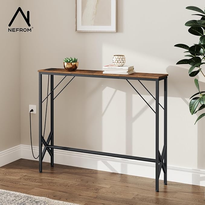 39.4" Console Table, Skinny Entryway Table with Fast-Charging Station, Narrow Long Sofa Table, Behind Slim Couch Table for Entrance, Hallway, Living Room Decor ST-BR100-1-CasaMuseHome