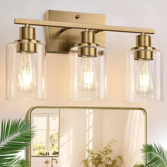 3 Light Bathroom Light Fixtures, Brass Vanity Lights for Bathroom with Clear Glass Shades, Modern Bathroom Wall Sconces for Mirror Living Room Cabinet-CasaMuseHome