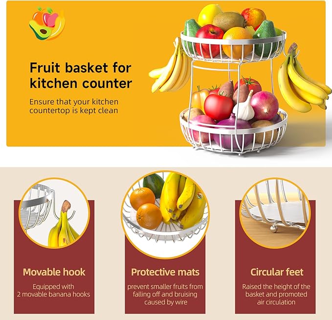2 Tier Fruit Basket for Kitchen Counter with 2 Banana Hangers, Metal Stackable Fruit Bowl for Kitchen Counter for Bread Vegetable Fruits, Silvery-CasaMuseHome