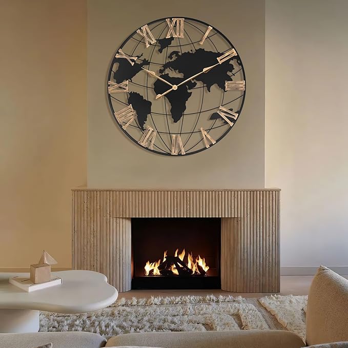 36 Inch Extra Giant Oversized Black Metal Wall Clock,Large Modern Decorative Silent World Map Wall Clock with Vintage Gold Roman Numeral for Living Room,Entrance Fireplace,Dining Room Decor-CasaMuseHome