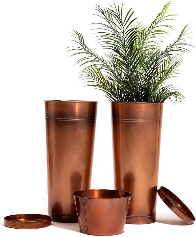 28in Tall Antique Copper Metal Vintage Planter Set of 2,Galvanized Steel Planter Pots for porches/Indoor/Outdoor/terraces Patio- Copper Color(2planters,2inner pots with Holes, 2trays)-CasaMuseHome