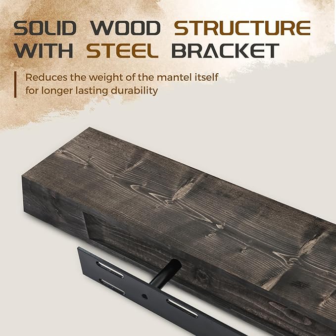 48x7x3 Fireplace Mantel - Solid Rustic Wood - Wall Mounted Floating Shelf with Invisible Heavy Duty Steel Bracket (Weathered Black)-CasaMuseHome