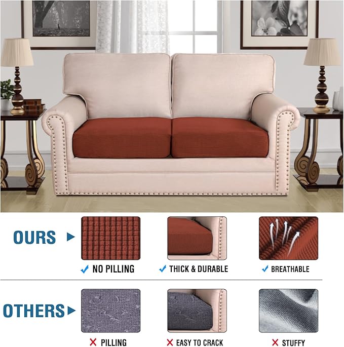 H.VERSAILTEX Super Stretch Individual Seat Cushion Covers Sofa Covers Couch Cushion Covers Slipcover Sets Thick Jacquard Textured Twill Fabric (2 Piece Medium Sofa Cushion Covers, Rust)-CasaMuseHome