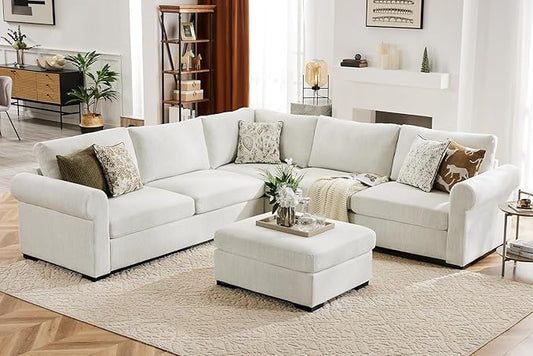 L Shaped Sectional Sofa with Ottoman,Rolled Armrest,Modern Sectional Modular Couch for Living Room,Breathable Linen Fabric Corner Couch with 7 Seats for Apartment,Removable Sofa Cushion,Ivory-CasaMuseHome