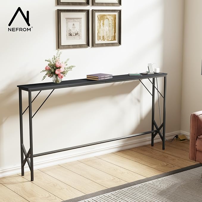 63'' Console Table, Skinny Entryway Table with Fast-Charging Station, Narrow Long Sofa Table, Behind Slim Couch Table for Entrance, Hallway, Living Room Decor ST-BK160-1-CasaMuseHome
