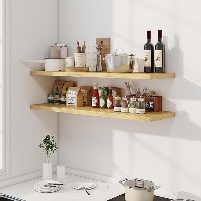 48" Floating Shelves for Wall, 12" Deep Slim Oak Floating Shelves, Wall-Mounted Shelves for Bedroom, Living Room, Kitchen, Bathroom - Set of 2-CasaMuseHome