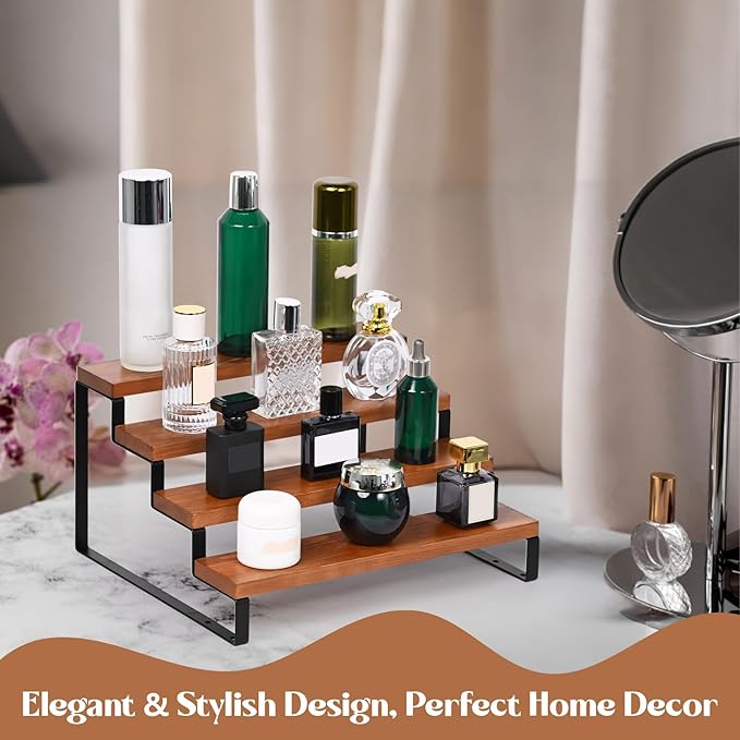 4 Tier Wooden Display Riser Stand Perfume Organizer with Metal Stand, Dessert Table Display Set, Food Display Stands for Party, Brown Rustic Solid Wood Shelf for Cupcakes, Perfume, Cologne, Spiece-CasaMuseHome