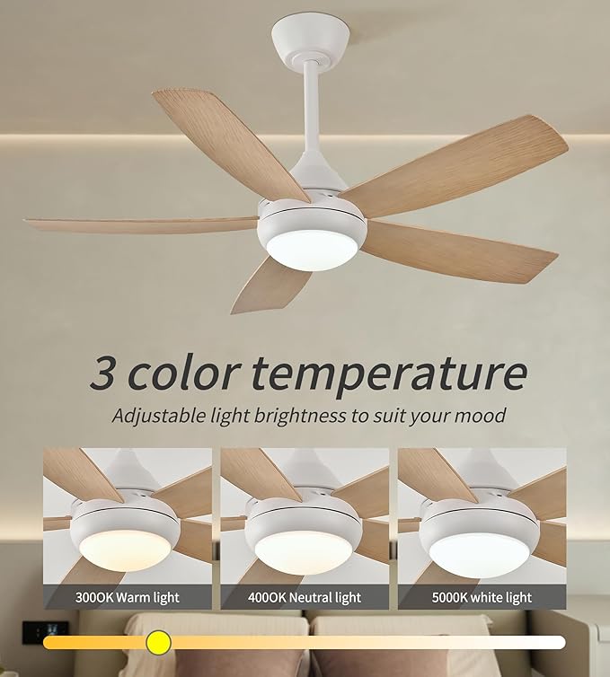 42" Ceiling Fan with Lights, 5 Blades, 6 Speeds DC Reversible, Dimmable, Low Profile Ceiling Fan with Light and Remote Control for Bedroom or Living Room-CasaMuseHome