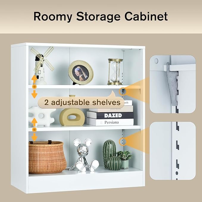 3-Tier Bookshelf with Adjustable Shelves, White Metal Space Saving Storage Shelf Bookcase, Small Open Storage Shelf for Living Room, Home Office, Dinning Room, Pantry (White-36H)-CasaMuseHome