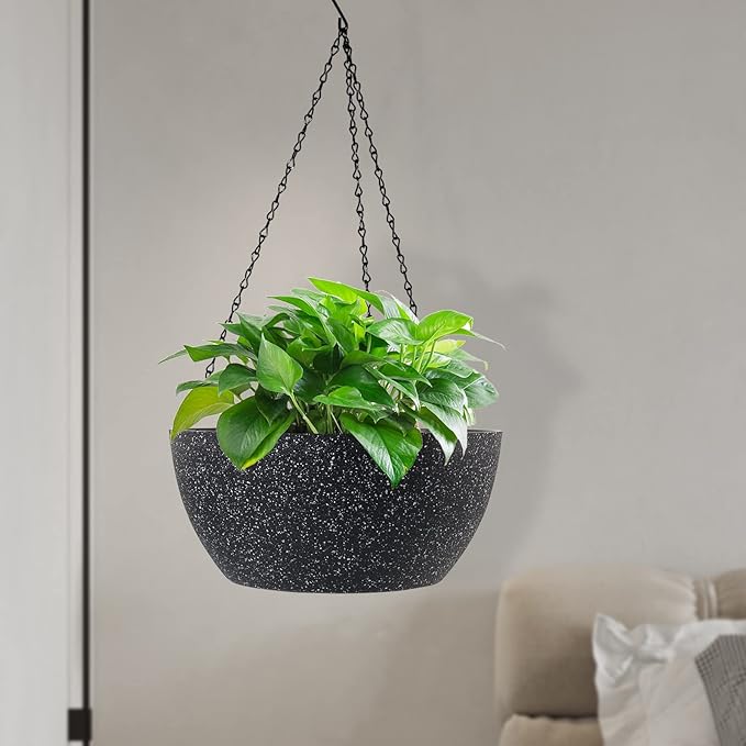 13 inch Large Hanging Planters Plant Pots for Outdoor Indoor Plants with Drainage Holes and Chain, 2 Pack Round Hanging Flower Pots for Garden Home Porch Decor, Speckled Black-CasaMuseHome