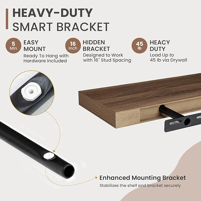 48 Inch Floating Shelves, 8 Inch Deep Floating Shelves for Wall, Hanging Shelf with Invisible Brackets, Deep Shelves for Bathroom, Bedroom, Living Room, Walnut, Set of 1-CasaMuseHome