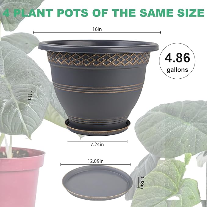 4 Pack 16 Inch Large Plant Pots, Plastic Flower Pot for Indoor & Outdoor with Drainage Holes & Saucer, Plaid Pattern Planters Garden Pots for Herbs Gold-CasaMuseHome