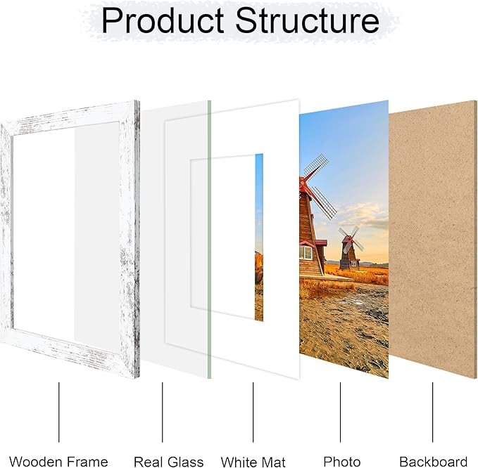 8x10 Picture Frame Set of 4, 8 x 10 Wood Photo Frames with Mat for 5x7, Rustic Natural Wooden Frame with Real Glass Cover for Wall and Tabletop Display,Distressed White-CasaMuseHome