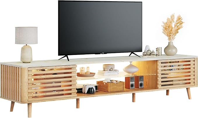 70" Mid Century Modern TV Stand for 55/65/75 Inch TV, Faux Marble Top Entertainment Center with Slatied Sliding Door & LED Lights, Low TV Console with Glass Shelves for Bedroom, Living Room-CasaMuseHome