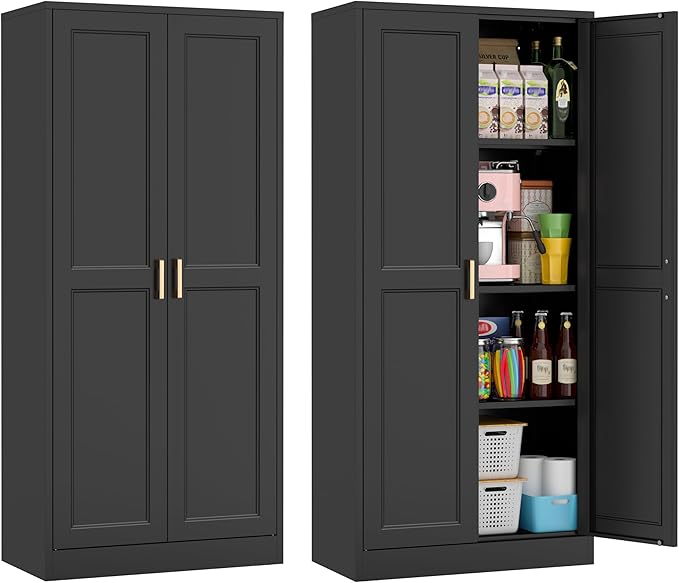 60" Tall Metal Pantry Cabinet, Black Kitchen Pantry Storage Cabinet with Doors and 3 Adjustable Shelves, Cupboard for Kitchen, Dining Room, Living Room, Bathroom-CasaMuseHome
