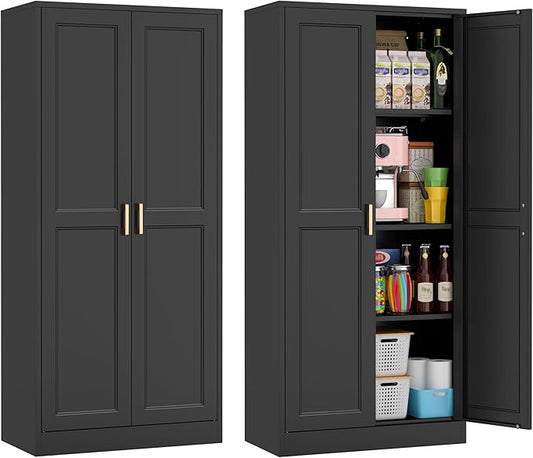 60" Tall Metal Pantry Cabinet, Black Kitchen Pantry Storage Cabinet with Doors and 3 Adjustable Shelves, Cupboard for Kitchen, Dining Room, Living Room, Bathroom-CasaMuseHome