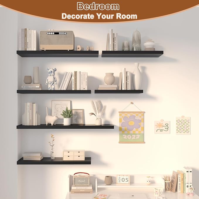 48 Inch Floating Shelf 1 Pack Large Floating Shelves for Wall No Drilling Accessories Included Deep Wall Shelves for Living Room Kitchen Farmhouse 48" W x 12" D x 1.2" Black-CasaMuseHome