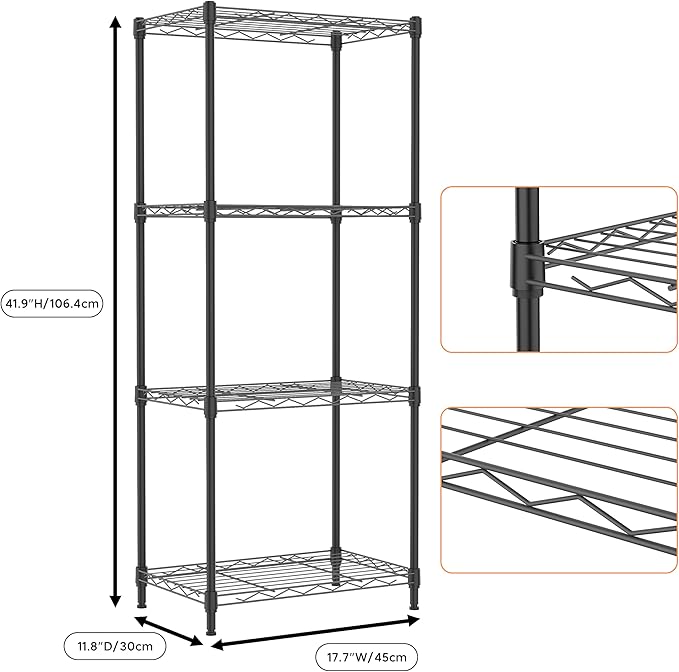 4 Tiers Shelf Metal Storage Shelves Wire Rack Closet Organizers with Wheel for Garage Kitchen Bathroom Laundry Black 11.8" D x 17.7" W x 41.9" H-CasaMuseHome