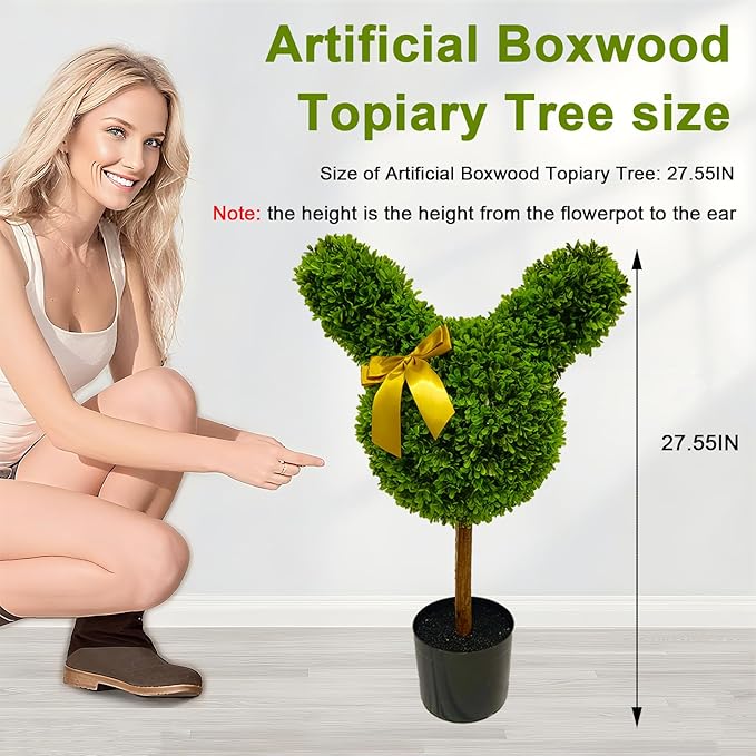 2 Pcs Artificial Bunny Shaped Topiary Trees, Artificial Green Boxwood Bunny Decorations with Gold Bow, Perfect for Indoor & Outdoor Front Porch, Easter& Garden Decor (Bunny Shaped Topiary Tree)-CasaMuseHome