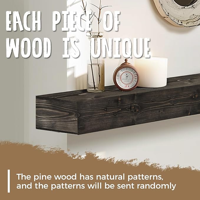 56x8x3 Fireplace Mantel - Handcrafted Hollow Rustic Solid Wood Wall Mounted Floating Shelf with Invisible Heavy Duty Wood Bracket (Weathered Black)-CasaMuseHome