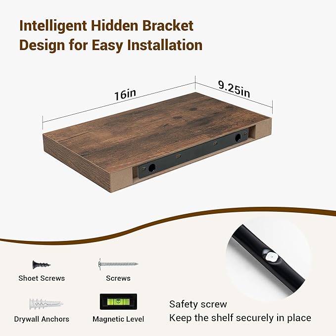 16 Inch Floating Shelves, 16"x9.25"x1.5" Inch Deep Floating Shelves for Wall, Wooden Shelves for Bathroom, Bedroom, Living Room, Brown-CasaMuseHome