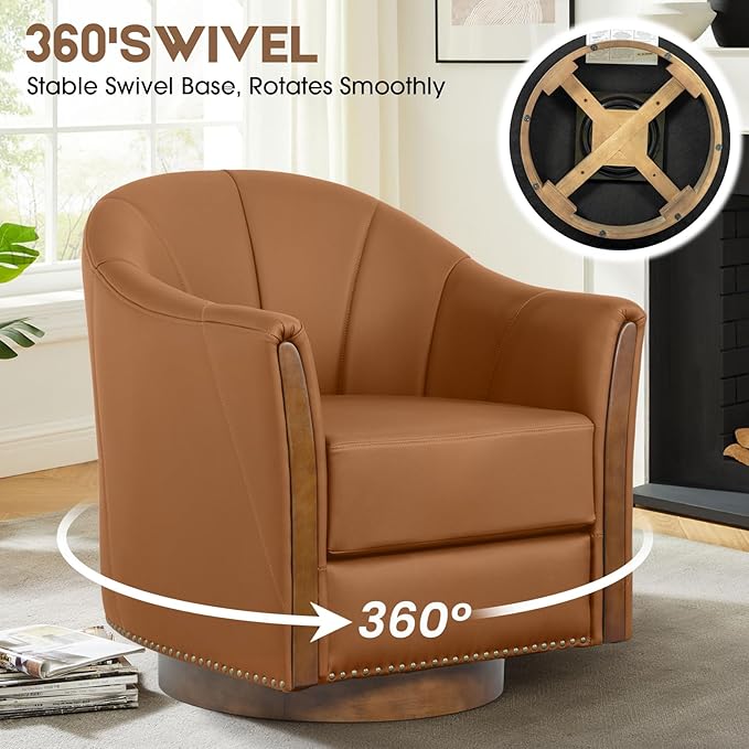 360° Swivel Accent Chair, Modern Leather Barrel Club Chair with Leather Upholstery and Sturdy Wood Base, Comfortable Armchair for Living Room, Bedroom, Reading Nook, Brown-CasaMuseHome