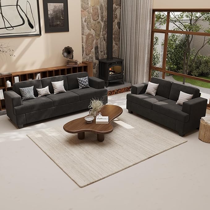 2 Piece Set Comfy Sofa Couch, 3 Seater & Loveseat Sofa with Deep Seats, Modern Sleeper Couch for Living Room, Dark Grey Chenille-CasaMuseHome